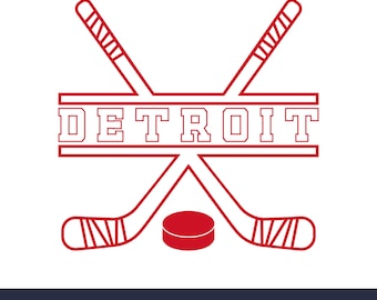 Puede incluir: Dos palos de hockey rojos cruzados sobre una pancarta roja con la palabra "DETROIT" en letras blancas. Un disco de hockey rojo está centrado debajo de los palos.