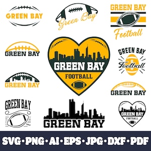 May include: A selection of Green Bay football-themed logos. The designs incorporate American footballs, city skylines, and the text "Green Bay" and "Football". The colour scheme includes green, yellow, and white.