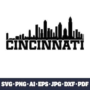 Puede incluir: Silueta en blanco y negro del horizonte de Cincinnati con la palabra "CINCINNATI" en letras negritas debajo.