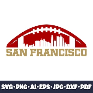 Pode incluir: Uma bola de futebol vermelha e branca com o horizonte de São Francisco dentro. O texto "SAN FRANCISCO" está abaixo da bola.