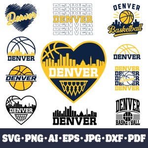 Puede incluir: Una colección de gráficos de baloncesto con temática de Denver en azul marino y amarillo. Los diseños incluyen formas de corazón, balones de baloncesto, horizontes de ciudades y los textos "Denver" y "Basketball". Formatos: SVG, PNG, AI, EPS, JPG, DXF y PDF.