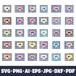 May include: A selection of baseball-themed designs, each with a city name inside a heart shape. The hearts feature city skylines or baseballs, including cities like London, New York, and Los Angeles. Available in SVG, PNG, AI, EPS, JPG, DXF, and PDF formats.