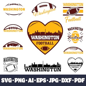 Peut inclure: Plusieurs graphiques sur le thème du football de Washington. Ils comprennent des ballons de football, des paysages urbains et du texte tel que "Washington" et "Football". La palette de couleurs est bordeaux, or et blanc.