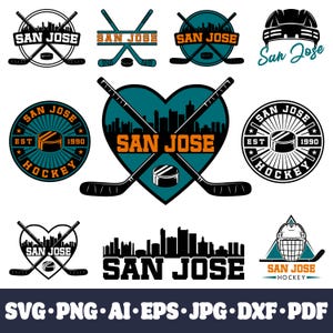 Pode incluir: Coleção de logotipos e gráficos com tema de hóquei de San Jose. Os designs incluem tacos de hóquei, discos e paisagens urbanas. Os logotipos apresentam o texto "San Jose" e "Hockey" em vários estilos, alguns com o ano "1990".