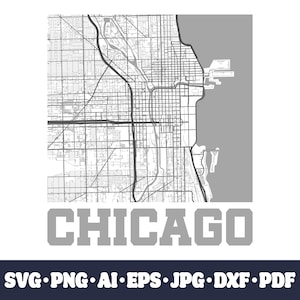 Chicago City Map SVG Cricut cut-bestand. Straat DXF lasergesneden CNC. Sublimatie van het silhouet van de stedelijke kaart van de VS. Png-clipart, kunst aan de muur Direct downloaden