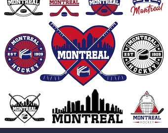Puede incluir: Una colección de logotipos de hockey de Montreal en rojo, blanco y negro. Los diseños incluyen palos de hockey, discos, horizontes de la ciudad y la palabra "Montreal". Los logotipos tienen varias formas, incluyendo círculos y corazones.
