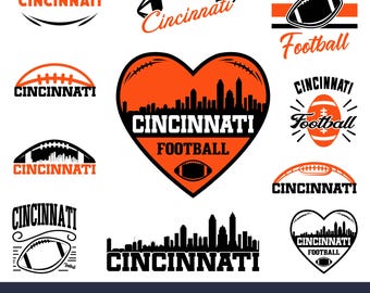 Puede incluir: Una colección de gráficos con temática de fútbol de Cincinnati en negro, blanco y naranja. Los diseños incluyen balones de fútbol, ​​horizontes de ciudades y las palabras "Cincinnati" y "Football". Formatos: SVG, PNG, AI, EPS, JPG, DXF y PDF.
