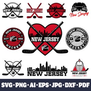 May include: A collection of New Jersey hockey-themed logos in black, white, and red. Designs include crossed hockey sticks, pucks, and the text "New Jersey" in various fonts and arrangements. The image also includes file type icons.
