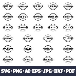 May include: Black and white baseball team logos for various cities in the United States. The logos are in the shape of a baseball with the city name inside. The logos are arranged in a grid of five columns and six rows.
