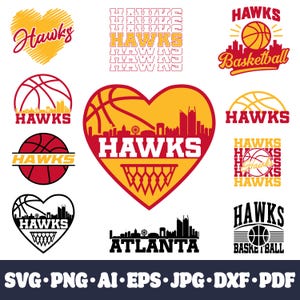 May include: A collection of Atlanta Hawks basketball-themed graphics in red, yellow, and black. Designs include basketballs, the word "Hawks" in various fonts, and city skylines. Formats include SVG, PNG, AI, EPS, JPG, DXF, and PDF.