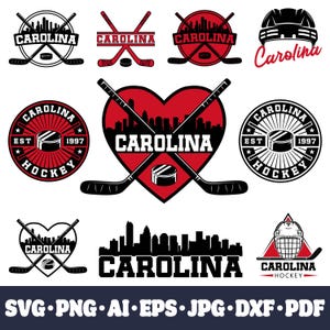 Puede incluir: Una colección de logotipos de hockey de Carolina en rojo, negro y blanco. Los diseños incluyen palos de hockey, discos, horizontes urbanos y el texto "Carolina Hockey". Formatos: SVG, PNG, AI, EPS, JPG, DXF y PDF.