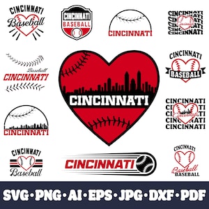 May include: A collection of Cincinnati baseball-themed designs. The designs include baseballs, hearts, and city skylines, with the word "Cincinnati" in various fonts and styles. The color scheme is primarily red, black, and white.