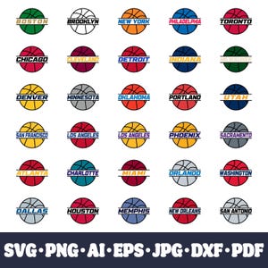 Peut inclure: Un ensemble de 30 logos de basket-ball représentant les noms de différentes équipes de la NBA. Chaque logo est un ballon de basket avec le nom de l'équipe écrit au milieu. Les logos sont disposés en cinq rangées de six logos chacune.