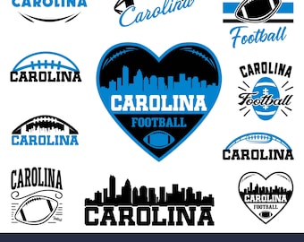 May include: A collection of black and blue Carolina football-themed graphics. Designs include footballs, city skylines, and the word "Carolina" in various fonts. File formats include SVG, PNG, AI, EPS, JPG, DXF, and PDF.