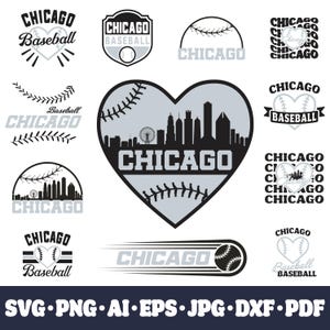 May include: A collection of Chicago baseball-themed designs in black and gray. The designs include baseballs, hearts, city skylines, and text that reads "Chicago Baseball". Formats include SVG, PNG, AI, EPS, JPG, DXF, and PDF.