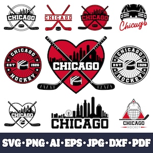 Może przedstawiać: Kolekcja logo hokejowych Chicago w kolorach czarnym, czerwonym i białym. Projekty obejmują kije hokejowe, krążki, panoramę Chicago i tekst "Chicago Hockey". Formaty: SVG, PNG, AI, EPS, JPG, DXF i PDF.