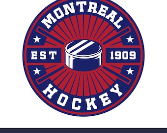Puede incluir: Un logotipo circular azul y rojo con el texto "Montreal Hockey" en blanco. El logotipo también incluye el texto "Est 1909" y un disco de hockey.