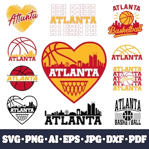 May include: A collection of Atlanta-themed basketball graphics in red, yellow, and black. Designs include basketballs, city skylines, and the word "Atlanta" in various fonts and styles. Formats include SVG, PNG, AI, EPS, JPG, DXF, and PDF.