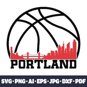 May include: Black and white basketball with a red silhouette of the Portland skyline, including the city's iconic bridge, and the word "PORTLAND" in bold black letters.