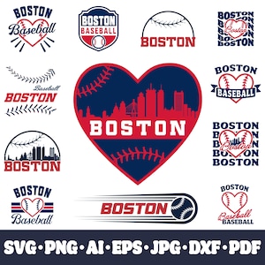 May include: A selection of Boston baseball-themed graphics in red, white, and blue. The designs feature the word "Boston" with baseball imagery, a heart-shaped design with the Boston skyline, and the words "Baseball" and "SVG PNG AI EPS JPG DXF PDF".