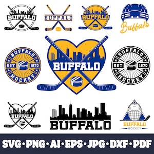May include: A collection of Buffalo hockey-themed logos in black, white, blue, and yellow. Designs include crossed hockey sticks, pucks, city skylines, and a hockey helmet. Text includes "Buffalo" and "Hockey".