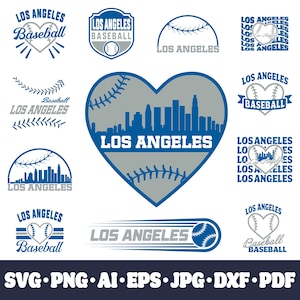 May include: A collection of Los Angeles baseball-themed graphics in blue and gray. Designs include baseballs, hearts, city skylines, and text that reads "Los Angeles Baseball". File formats include SVG, PNG, AI, EPS, JPG, DXF, and PDF.