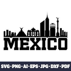 Könnte beinhalten: Schwarze Silhouette der Skyline von Mexiko-Stadt mit Wahrzeichen. Unter der Skyline steht das Wort "MEXICO" in fetten Großbuchstaben. Geeignet für digitale Anwendungen.