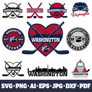 Op de afbeelding: Een verzameling Washington hockey-thema logo's in rood, wit en zwart. Ontwerpen omvatten gekruiste hockeysticks, pucks en de skyline van Washington. Tekst bevat "Washington" en "Hockey".