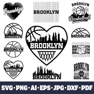 Puede incluir: Una colección de diseños en blanco y negro con temática de Brooklyn. Los diseños incluyen balones de baloncesto, paisajes urbanos y la palabra "Brooklyn" en varios estilos. Formatos disponibles: SVG, PNG, AI, EPS, JPG, DXF y PDF.