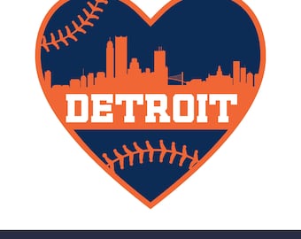 May include: A blue heart-shaped graphic with a baseball stitch design. The graphic features a silhouette of the Detroit skyline and the word "DETROIT" in white text.