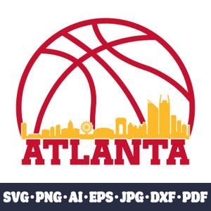 May include: A red basketball with a yellow outline of the Atlanta skyline, including the State Farm Arena, the Georgia Aquarium, and the World of Coca-Cola. The text "ATLANTA" is written in red below the skyline.