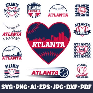 Puede incluir: Una colección de diseños de béisbol de Atlanta en rojo, blanco y azul. Los diseños incluyen formas de corazón, pelotas de béisbol y el horizonte de la ciudad. El texto incluye "Atlanta" y "Baseball". Formatos: SVG, PNG, AI, EPS, JPG, DXF y PDF.