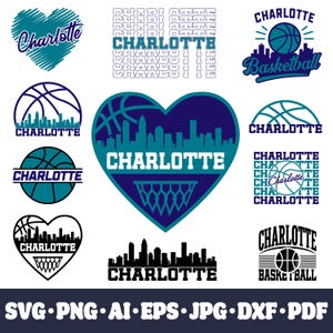 Peut inclure: Plusieurs graphiques de basket-ball sur le thème de Charlotte en bleu sarcelle, blanc et noir. Les motifs incluent des ballons de basket, des horizons urbains et le mot "Charlotte" dans diverses polices et agencements. Formats : SVG, PNG, AI, EPS, JPG, DXF et PDF.
