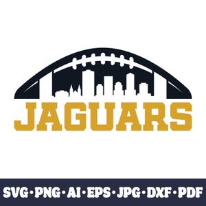 May include: A black and gold graphic featuring a football shape with a city skyline silhouette inside. The word "JAGUARS" is in gold block letters below the football. The bottom of the image has file type abbreviations.