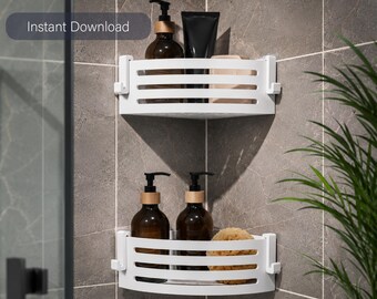 Corner shower shelf STL file for 3D printing. Organizer with hooks.
