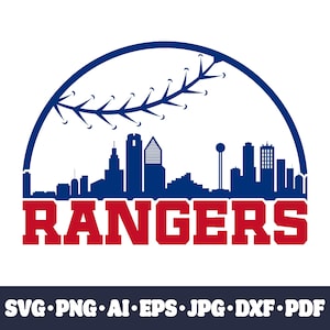May include: A blue and red graphic featuring a baseball design with a city skyline silhouette. The word "RANGERS" is in bold red letters. The image includes file type options: SVG, PNG, AI, EPS, JPG, DXF, and PDF.