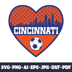 May include: A heart-shaped graphic with a soccer ball in the center and the word "CINCINNATI" in blue letters. The heart is filled with an orange and white grid pattern and a blue silhouette of the Cincinnati skyline.