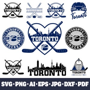 Può includere: Una collezione di loghi a tema hockey di Toronto in nero e blu. I design includono bastoni da hockey incrociati, dischi, skyline della città e il testo "Toronto Hockey". Formati: SVG, PNG, AI, EPS, JPG, DXF e PDF.