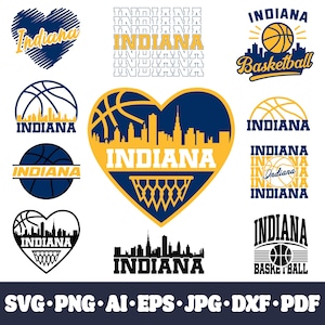 May include: A collection of Indiana-themed basketball graphics in navy blue and gold. Designs include basketballs, city skylines, and the word "Indiana" in various fonts. Formats include SVG, PNG, AI, EPS, JPG, DXF, and PDF.