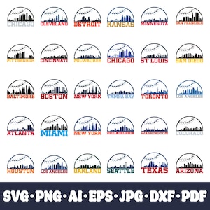 May include: A set of 30 baseball-themed city skyline designs. Each design features a city skyline within a baseball shape, with the city name printed below. The designs are in various colours, including red, blue, green, yellow, and black.