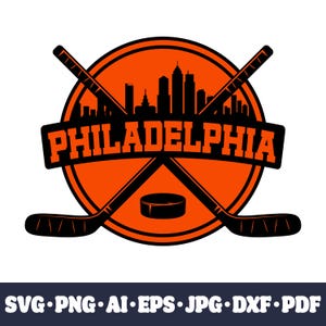May include: A black and orange logo with the word "PHILADELPHIA" in a banner across the top. Two crossed hockey sticks with a black puck in the center. The logo is set against a cityscape silhouette.