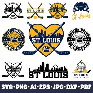 Peut inclure: Plusieurs logos sur le thème du hockey de St. Louis en noir, blanc et or. Les motifs comprennent des crosses de hockey, des palets et la ligne d'horizon de la ville. Le texte comprend "ST LOUIS" et "HOCKEY". Formats : SVG, PNG, AI, EPS, JPG, DXF, PDF.