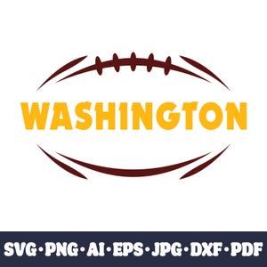 May include: A brown outline of a football with the word "WASHINGTON" in yellow text.