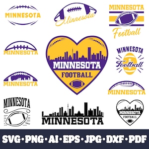 Paquete del equipo de fútbol de Minnesota. 11 diseños de aficionados. Archivos de corte SVG para Cricut. Hazlo tú mismo. Vector para silueta. Sublimación de camisetas PNG. Descarga instantánea.
