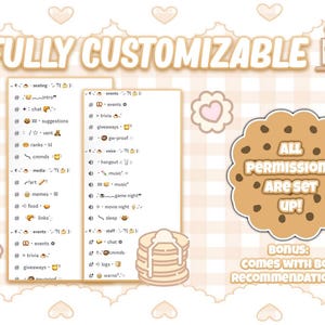 Op de afbeelding: Een digitale illustratie van een aanpasbare Discord-server met een lijst met categorie&euml;n en emoji's. De tekst "FULLY CUSTOMIZABLE" staat bovenaan de afbeelding. De afbeelding bevat ook een koekje met de tekst "ALL PERMISSIONS ARE SET UP!" en een stapel pannenkoeken.