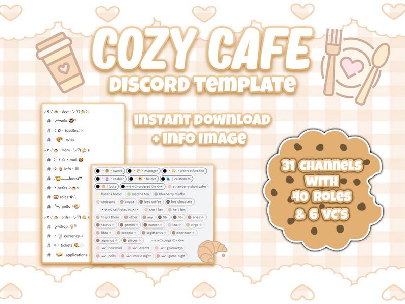 Op de afbeelding: Een digitale sjabloon voor een Discord-server met als thema een knusse caf&eacute;. De sjabloon bevat 31 kanalen, 40 rollen en 6 spraakkanalen. De afbeelding toont een cartoon-koffiekopje, een bord met een vork en lepel, en een koekje met chocolade-chips.