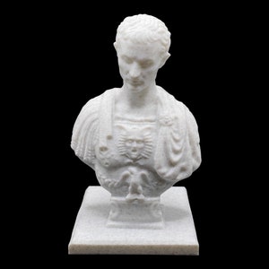 May include: White marble bust of a Roman emperor with a detailed sculpted chest piece and a toga. The bust is on a square base.