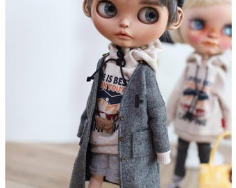 Blythe Doll Clothes | Wool Long Jacket | Dark Gray | Blythe Outfit