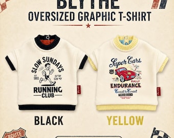 May include: Two oversized graphic t-shirts for Blythe dolls. The left shirt is cream with black trim and features a runner graphic with text reading SLOW SUNDAYS RUNNING CLUB. The right shirt is cream with yellow trim and a red car graphic with text reading Super Cars ENDURANCE Coast to Coast.