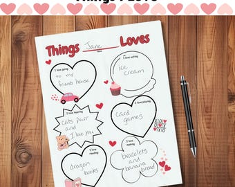 Things I Love Activity | Valentines Writing Activity| Teacher resource | Kids Journaling Prompt | Digital Download